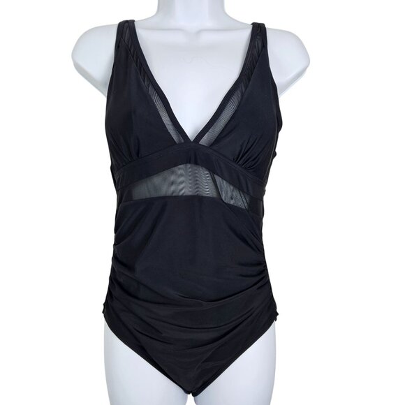 Womens Black One-Piece Swimsuit V Neck Sheer Mesh Panel Adjustable Straps Medium - Picture 4 of 9